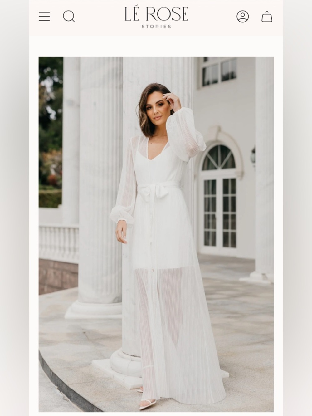 Lé Rose stories white pleated maxi bridal robe (with slip)
